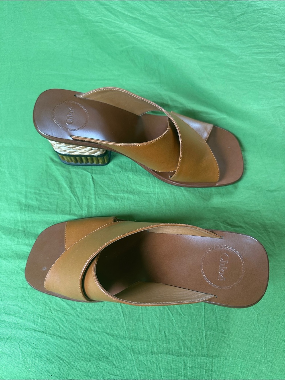 Chloe Cognac Leather Crisscross Slide Sandals with Braided Rope Heel - Picture 8 of 9